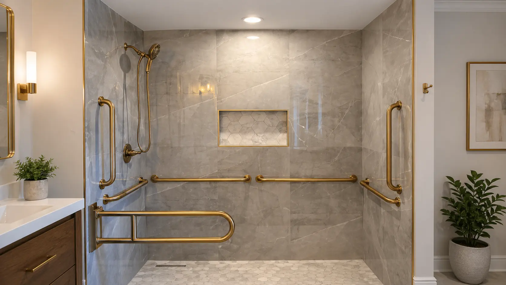 Bathroom remodel — gold-trim marble walk-in shower