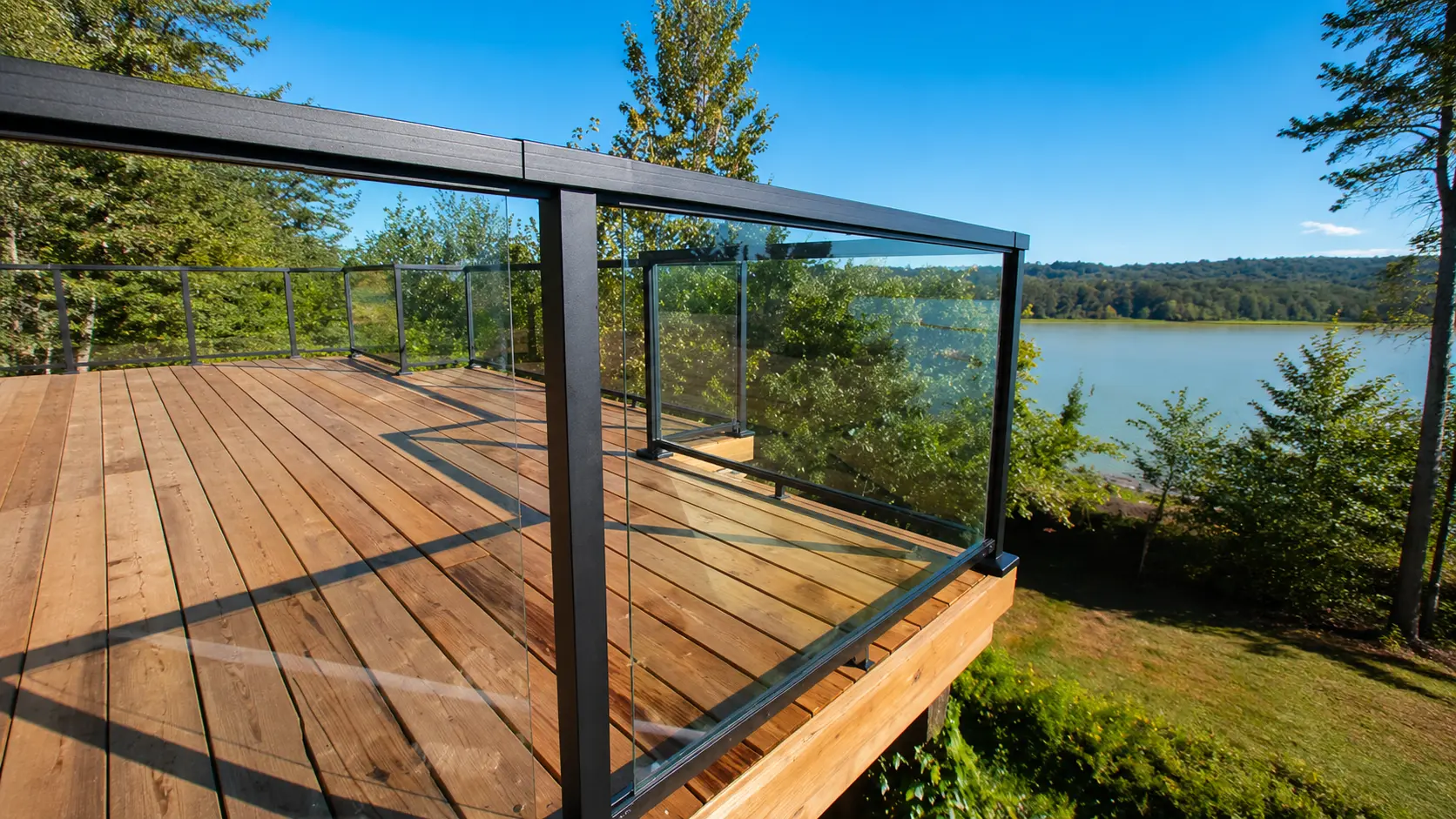 Decking — lakefront cedar deck with glass railing