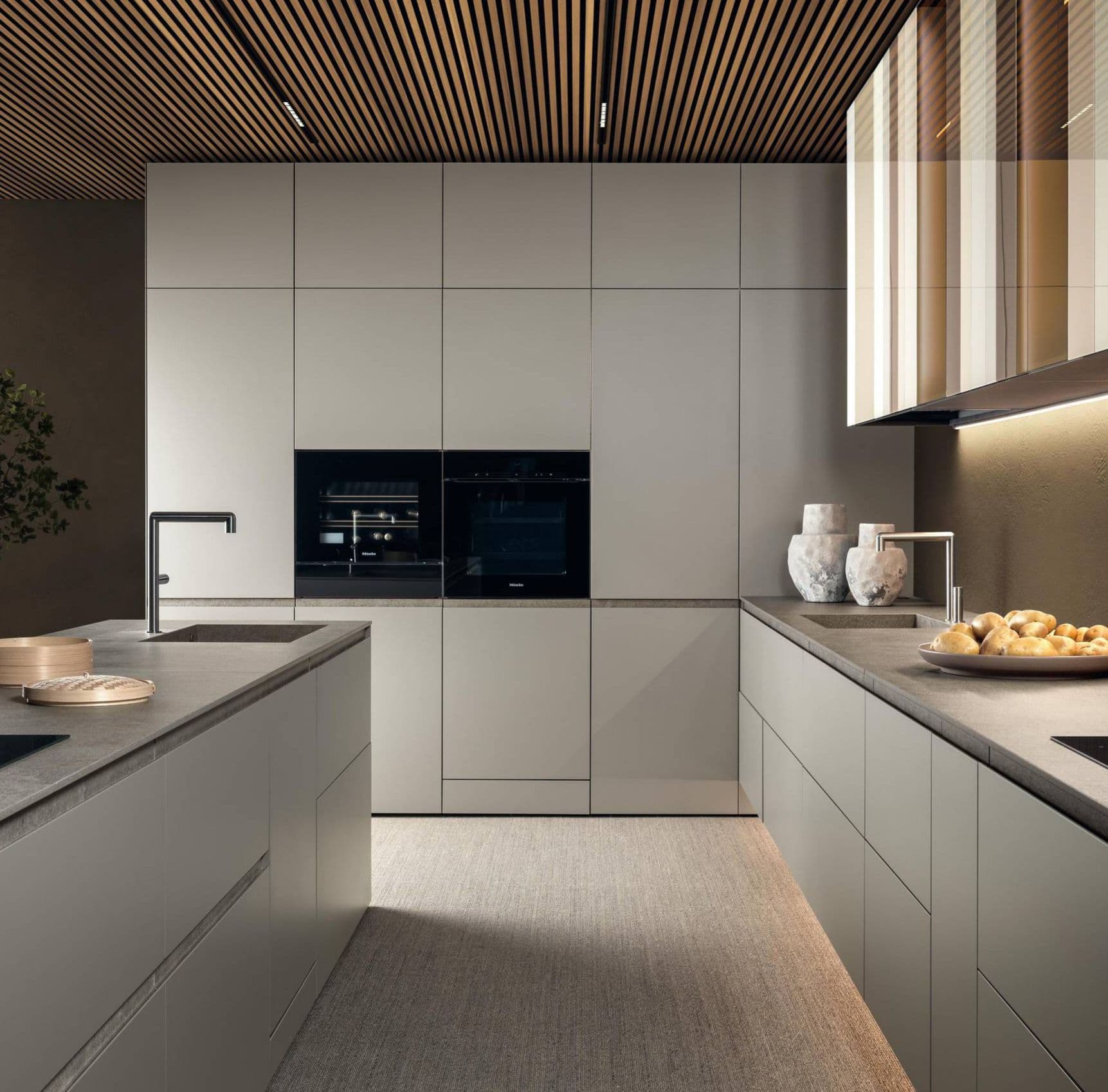 Kitchen remodel — modern grey cabinets with wood ceiling