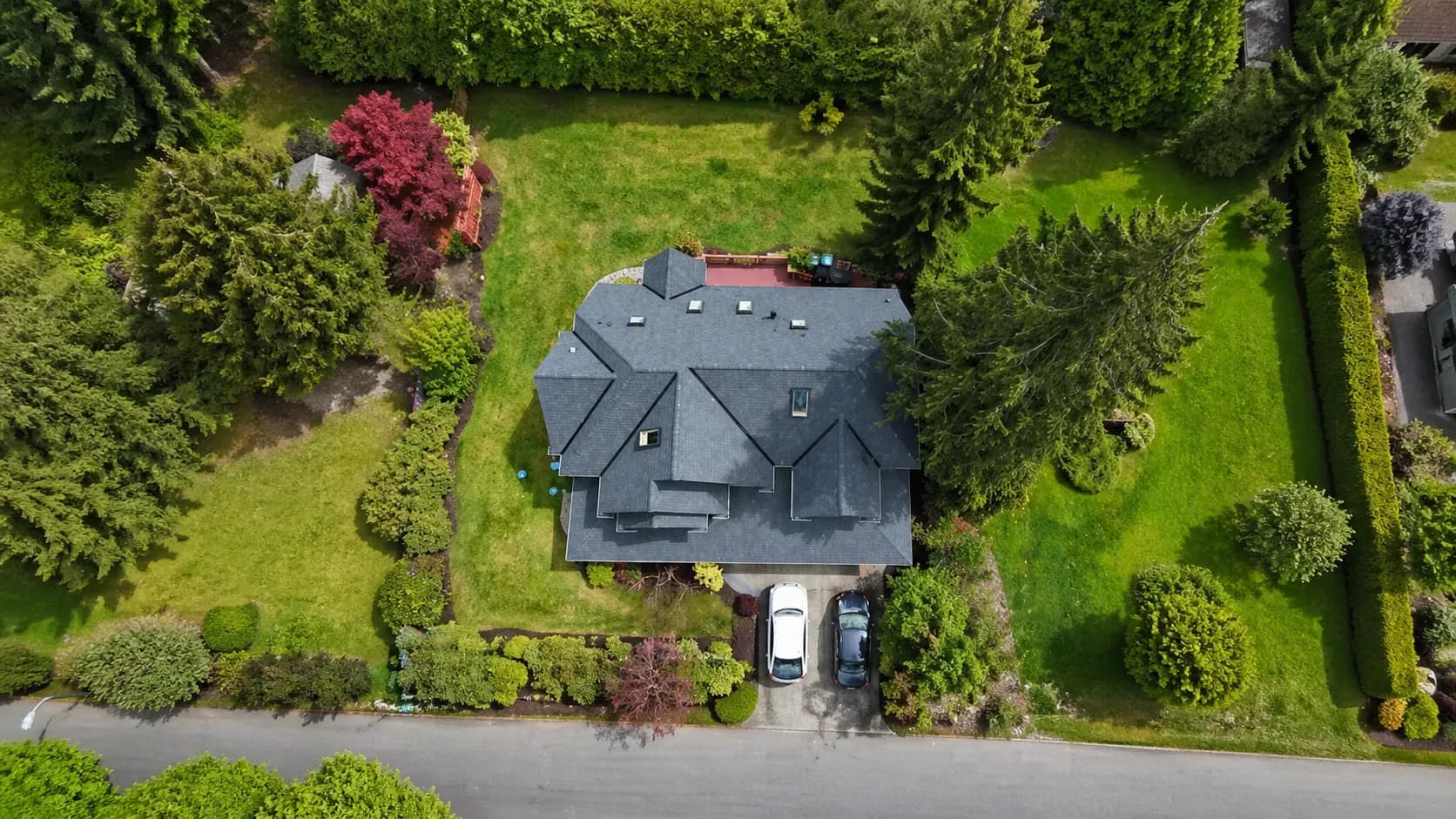 Aerial — asphalt shingle roof with skylights
